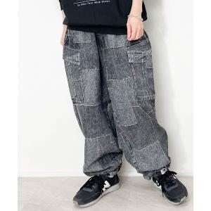 ジーンズ パッチワーク風デニムケミカル加工イージーカーゴパンツ メンズ レディース