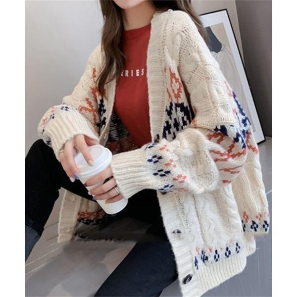 カーディガン ノルディック柄ざっくり編みニットカーディガン レディース