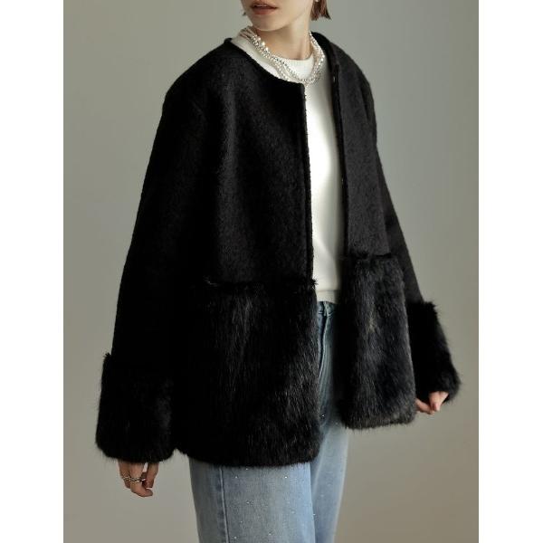 ジャケット ノーカラージャケット 「低身長サイズ有」フェイクファー切り替えノーカラーコート レディー...