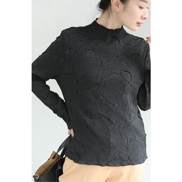 tシャツ 彫刻花 超伸縮 長袖トップス レディース