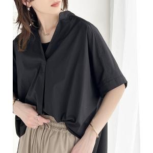 ブラウス シャツ 夏 半袖 涼やかな大人の抜け感。「オーガニックコットン混」綿100％バンドカラースキッパーBIGシャツ レディース