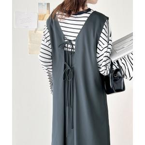 ジャンパースカート 前後2way+ジレにも！何通りもの着こなしを楽しめる♪ リボンVネックジャンパースカート（ロング）