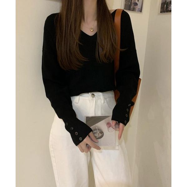 ニット セーター 「韓国ファッションに活躍のニットトップス」スリーブボタンニット レディース