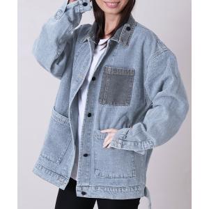 LUCPY コート アウター レース切替 ノーカラー デニムジャケット