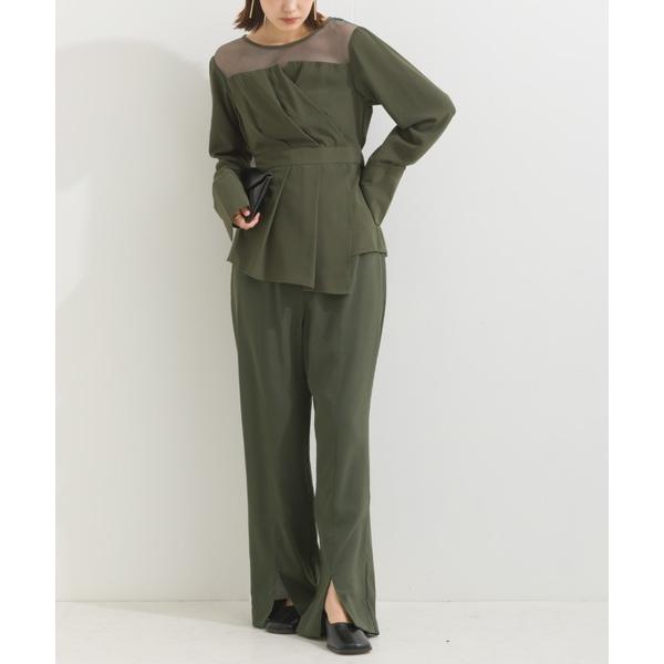 パンツドレス 「セットアップ 」ラップ長袖チュニックブラウス＋センターピンタックパンツ 上下2点セッ...
