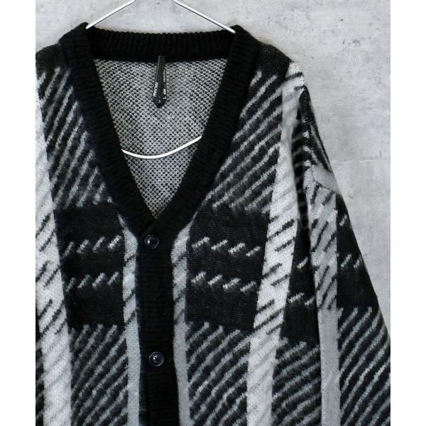カーディガン シャギー加工 チェック柄ニットバルーンカーディガン メンズ レディース
