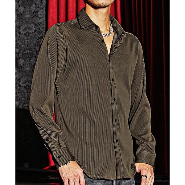 シャツ 長袖プリーツシャツ メンズ ルーズシルエット 総柄シャツ ホワイト系 ブラック系 春服 メン...