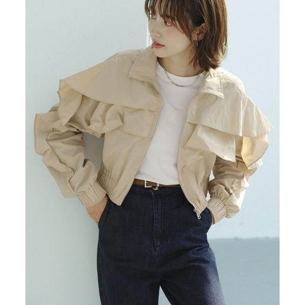 カーディガン スタンドカラーフリルショート丈ブルゾン レディース