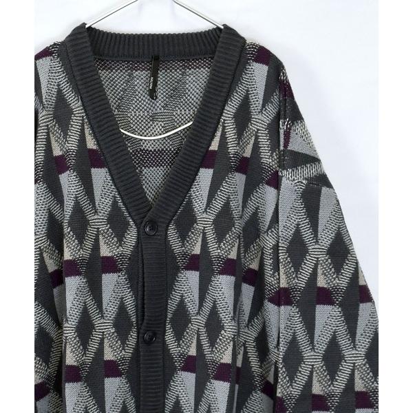 カーディガン 総柄ジオメトリックジャガードバルーンスリーブVネックカーディガン「IR」 オーバーサイ...