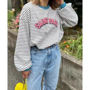tシャツ ボーダー配色ボリュームスリーブ発泡ロゴロンT レディース