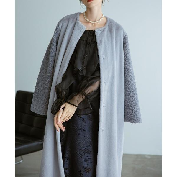 ノーカラーコート コート フェイクファー×ボアコート レディース