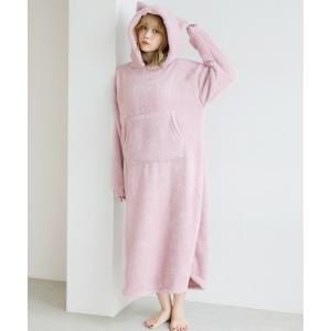 パジャマ ルームウェア ぷっくり耳付き。ねこ耳ファー起毛ワンピース レディース