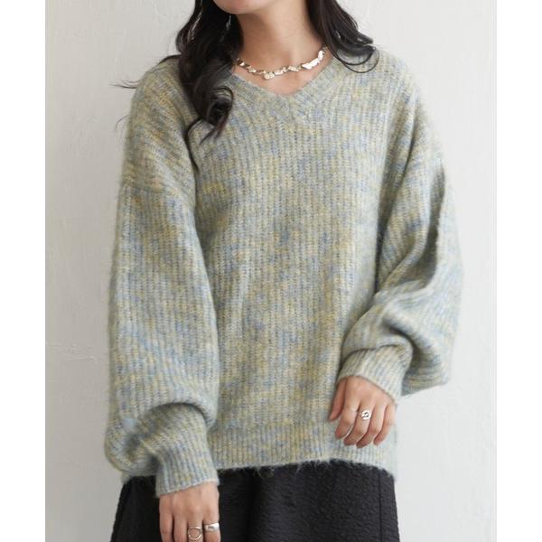 ニット セーター ミックスアームウォーマー風Vネックプルオーバー レディース