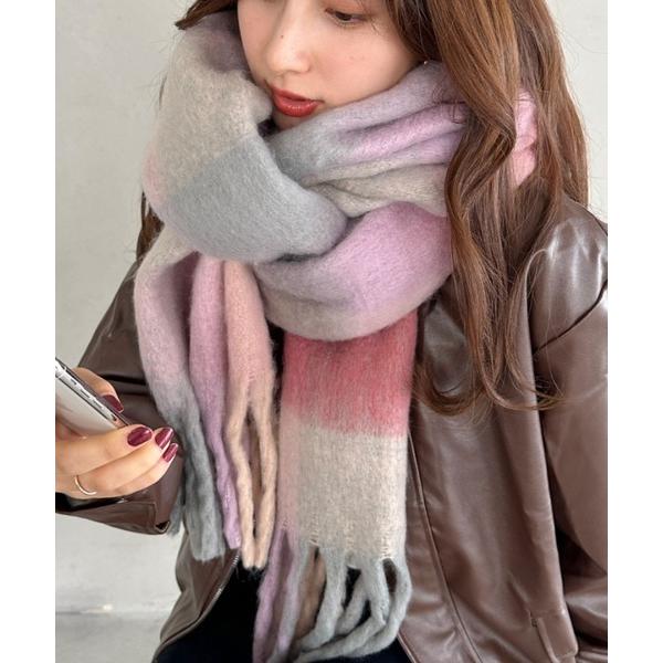 マフラー ストール ボリュームフリンジチェックマフラー レディース