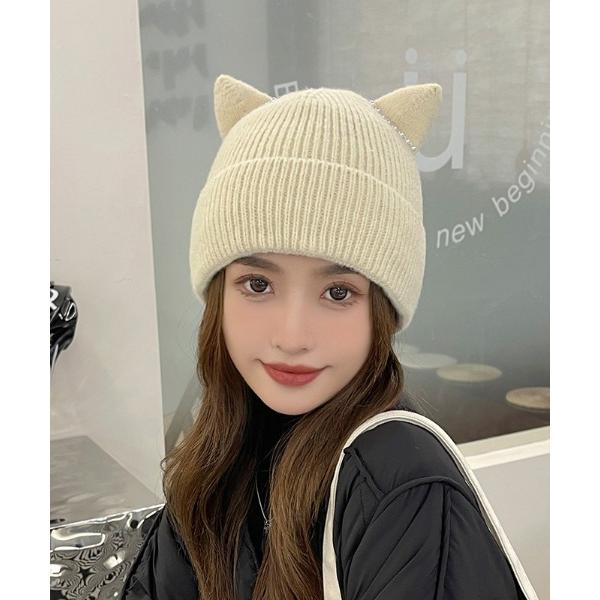 ニット帽 ニットキャップ パール猫耳ビーニー レディース