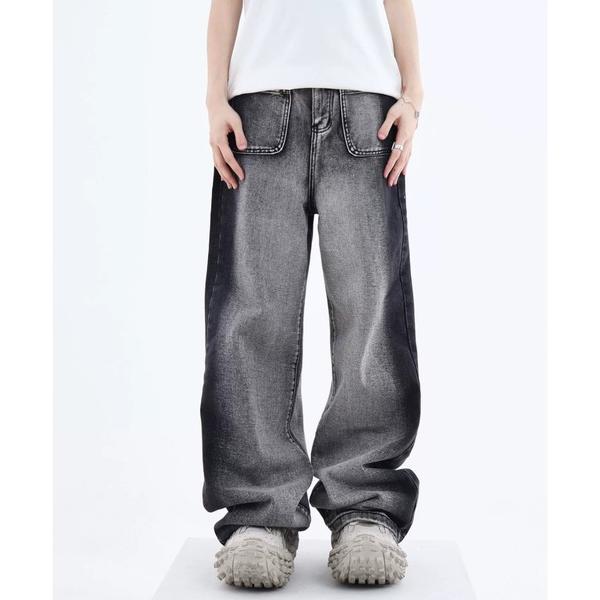 カーゴパンツ ヘビーオンスツートンカラーブラスト加工ワイドシルエットデニム5ポケパンツ メンズ レデ...