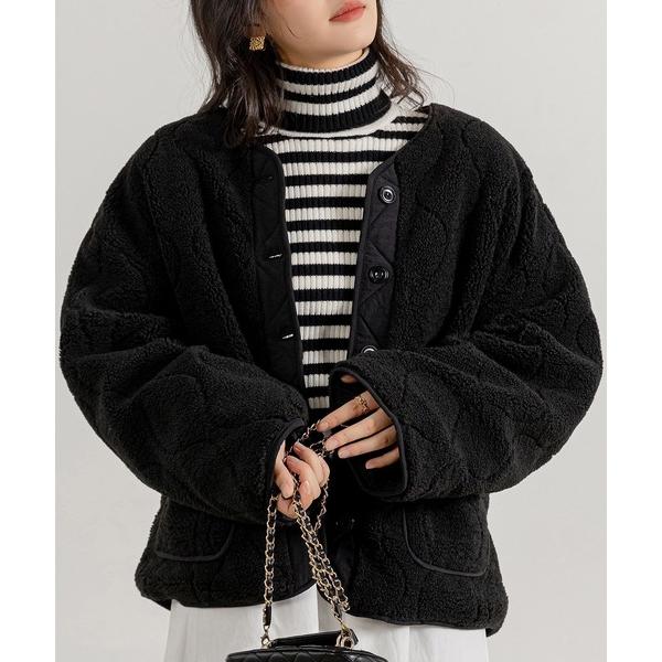 ブルゾン アウター 「おうちで洗える/ミドル丈」長袖ノーカラーヒョウタンボアキルティングブルゾン レ...