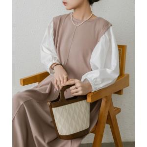 ワンピース 丸首パフスリーブフェイクレイヤードワンピース