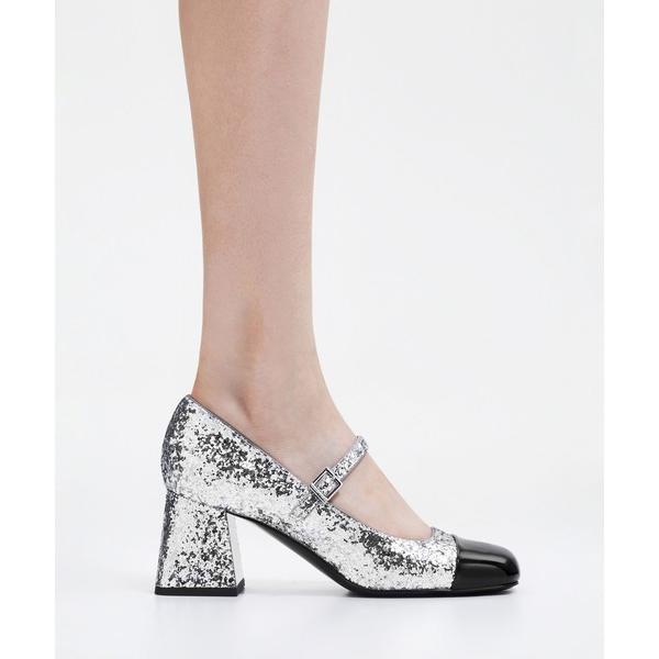 パンプス パテントグリッター トラペーズヒールメリージェーン