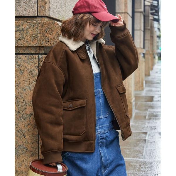 ムートンコート ボアコート ボア襟付きフェイクムートン ミリタリーブルゾン/フライトジャケット レデ...