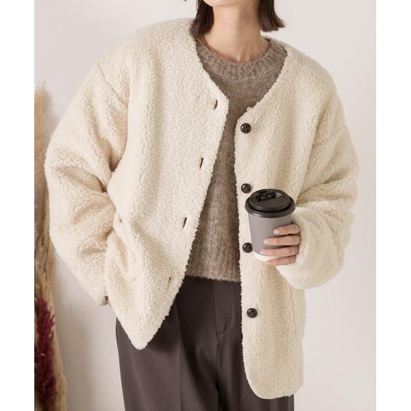 ジャケット ノーカラージャケット ノーカラーポケ付き ボアジャケット レディース