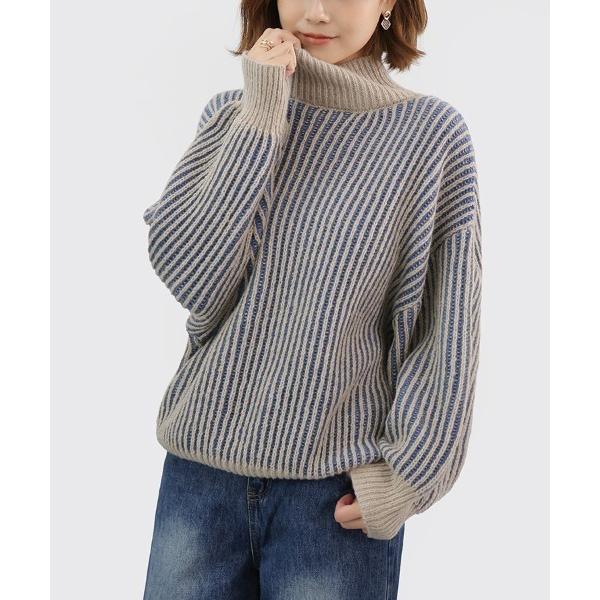 ニット セーター ストライプ柄ハイネックセーター レディース