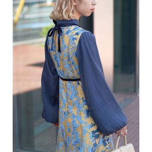 ドレス 「WEB限定」「オケージョン/結婚式」ボリュームスリーブ配色フラワーワンピース レディース