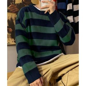 ニット ワイドボーダールーズクルーネックニット