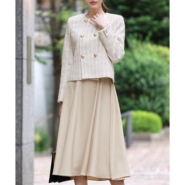 セットアップ ツイードノーカラーダブルジャケット フレアワンピース セットアップ スーツ フォーマル...