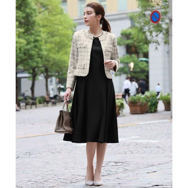 セットアップ チェック柄ツイードノーカラージャケット フレアワンピース セットアップ スーツ フォー...