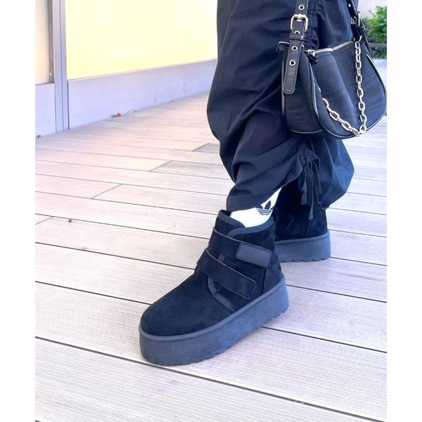 ブーツ 「R＆E」Wベルト厚底フェイクムートンブーツ レディース