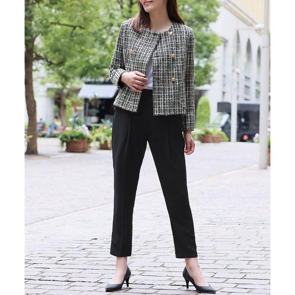 セットアップ ツイードノーカラーダブルジャケット テーパードパンツ セットアップ スーツ フォーマル...