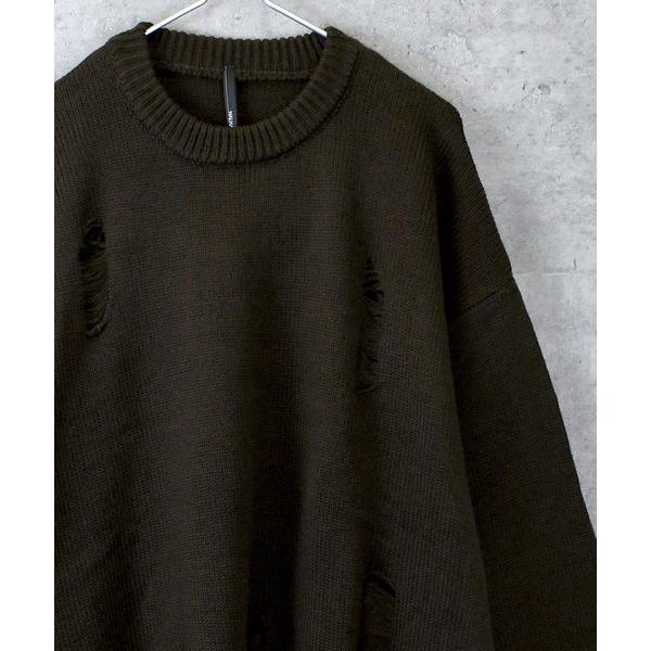 セーター ニット 5G アクリルバルキーニット ダメージ加工クルーネック メンズ レディース