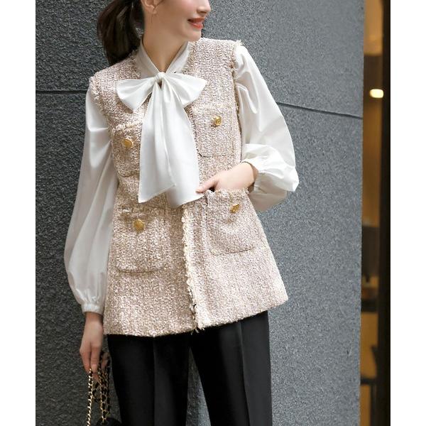 セットアップ 「3点セット」ツイードベスト ボウタイブラウス テーパードパンツ セットアップ スーツ...