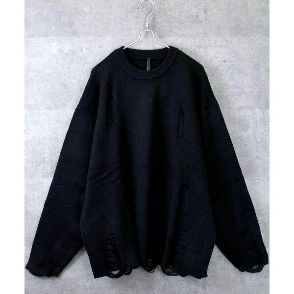 セーター ニット 5G アクリルバルキーニット ダメージ加工クルーネック メンズ レディース