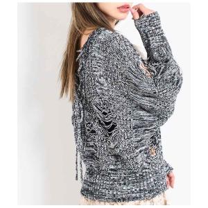 tシャツ バックレースアップ ダメージ Vネック ニット　長袖 レディース