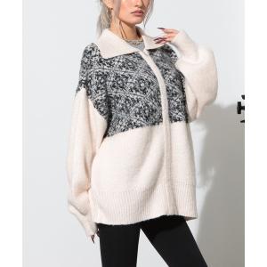 ブルゾン アウター オリエンタル柄 モヘアニット カーディガン ブルゾン 長袖 レディース