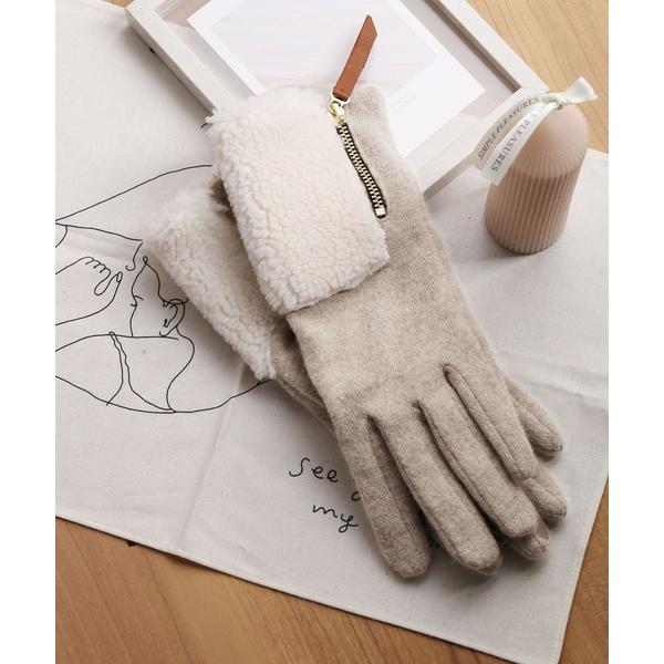 手袋 ニット＆ボア 手袋 エコファースマホ対応 レディース