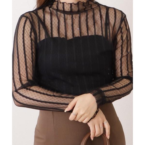 プチハイネックドット×ストライプシアートップス レディース