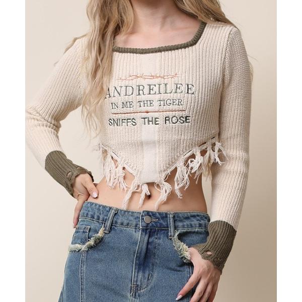 ニット セーター 「HOOK」for girls 刺繍入りスクエアネックショット丈ニットソー　裾フリ...