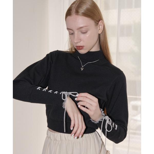 ニット セーター lace up ribbon turtle knit/袖口レースアップタートルニッ...