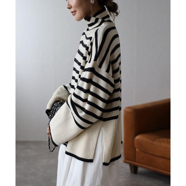 ニット セーター タートルボーダールーズニット レディース