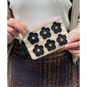 ポーチ レトロな雰囲気の花模様が目を惹くビーズ刺繍ポーチ　14×10 レディース メンズ