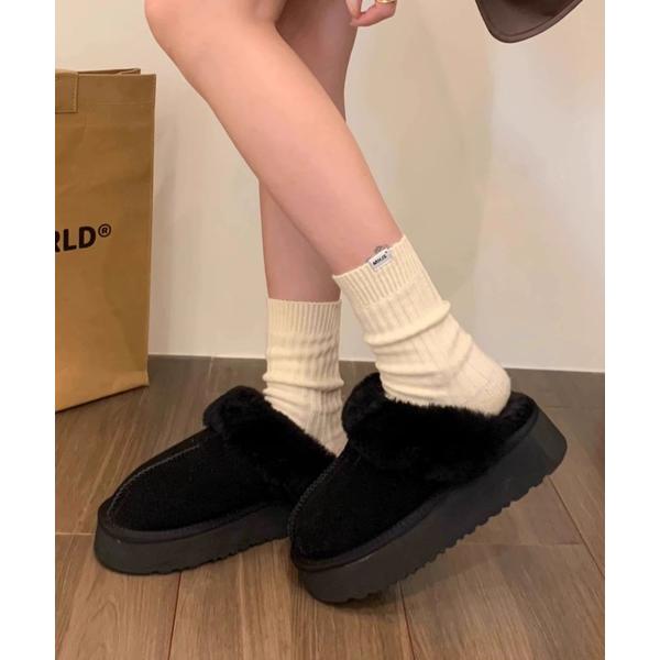 スリッポン 厚底ボリュームフェイクムートンスリッポン レディース