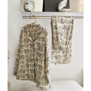パジャマ ルームウェア シロクマ柄長袖シャツ＆ロングパンツ　2点セット レディース メンズ