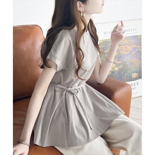 ブラウス シャツ 綺麗見えの旬アイテム。オーガニックコットン混 ウエストリボン付きシルケット素材ペプ...