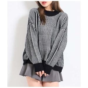 ニット セーター モノトーンストライプニットトップス レディース