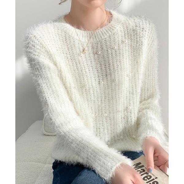 ニット セーター パールデザインふわふわニット レディース