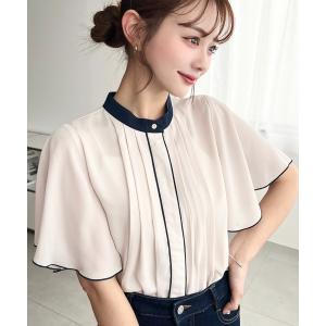 ブラウス シャツ 夏 半袖 シフォンジョーゼットフロントタックバイカラーラッフルスリーブ半袖ブラウス レディース