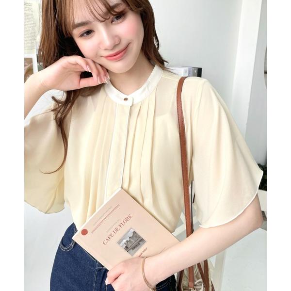 ブラウス シャツ シフォンジョーゼットフロントタックバイカラーラッフルスリーブ半袖ブラウス レディー...